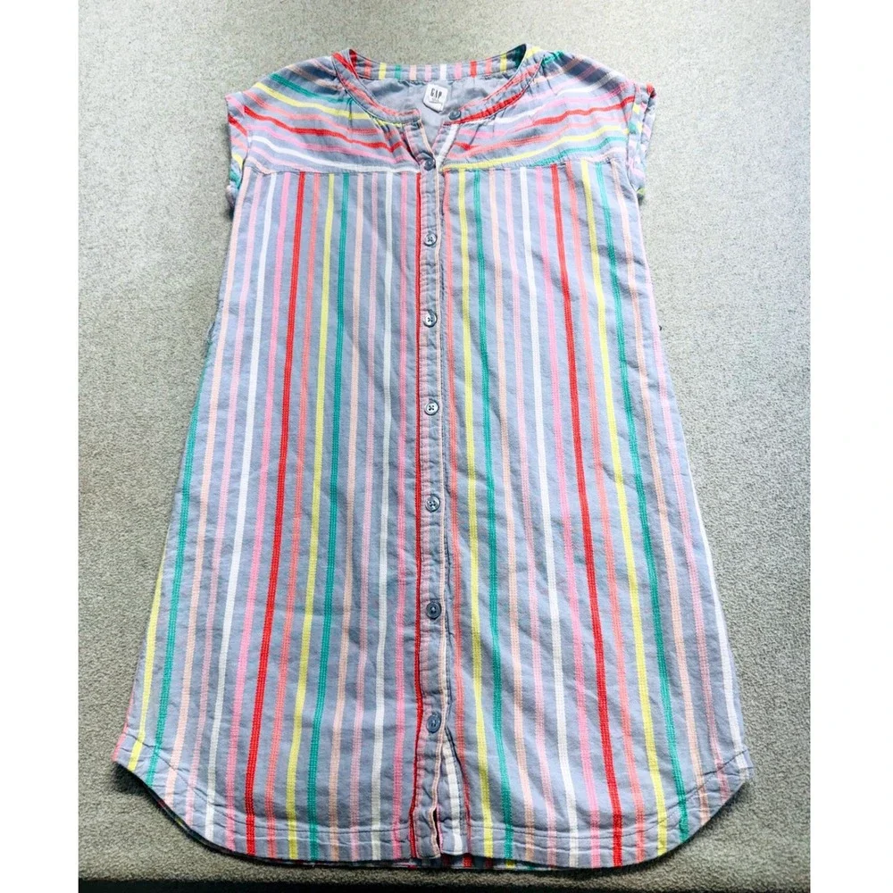 Gap Kids Shirt Dress Girls Size 8 Blue Rainbow Stripe Button Front Cap Sleeve